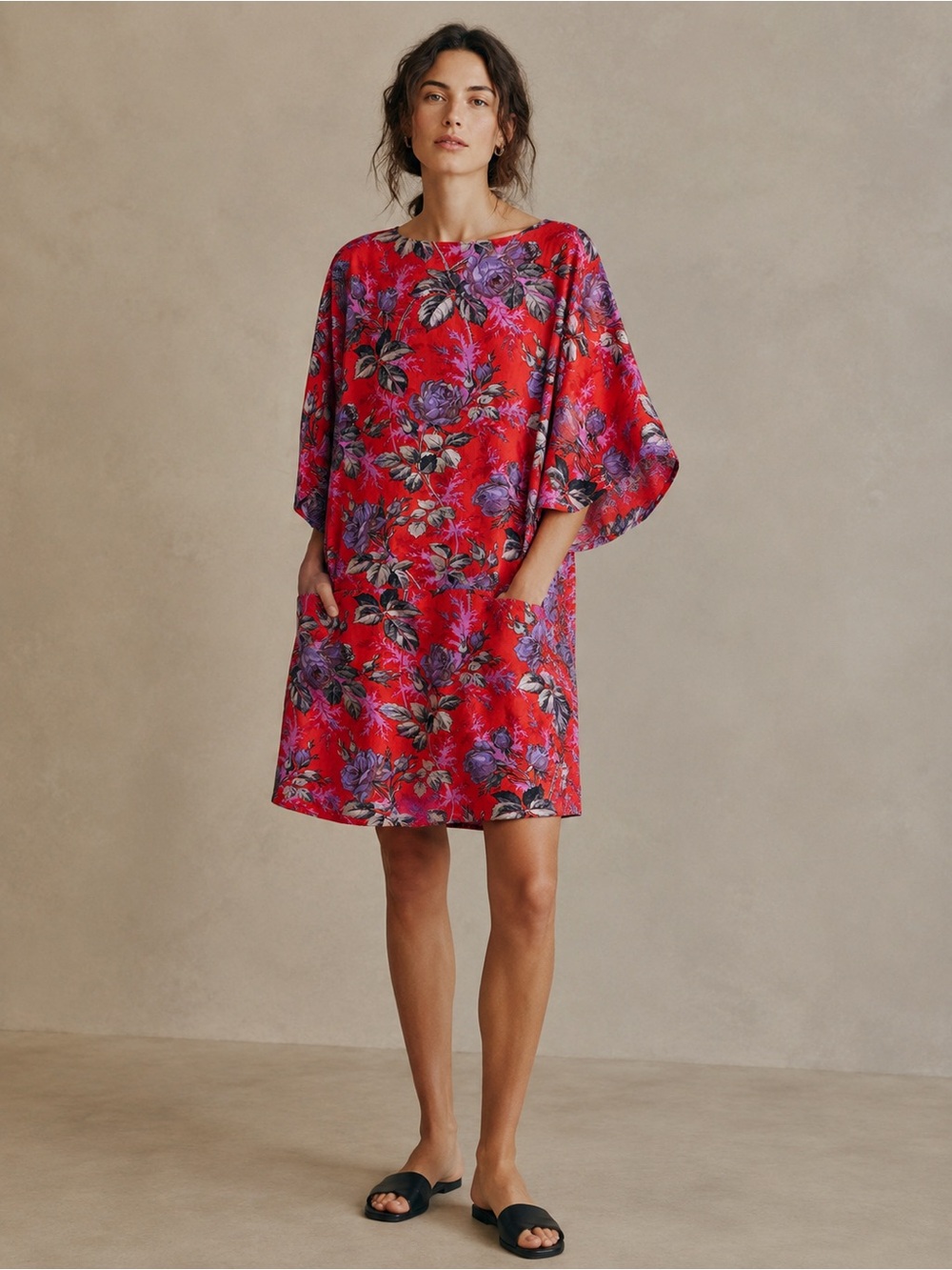 Rachel Comey Silk Linen Batwing Shift Dress Red Purple Rose Floral Made in USA